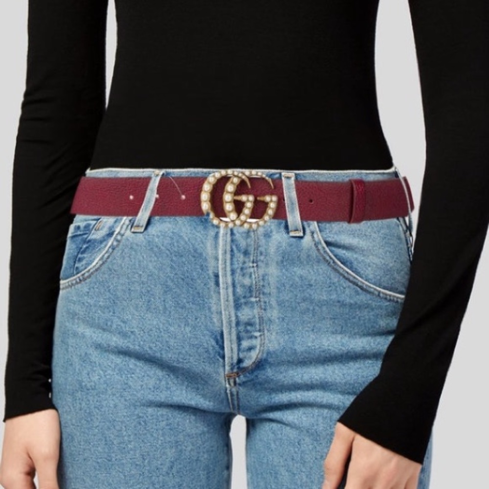 Gucci Red Leather Belt with Pearl-Studded Gold GG Logo - Picture 3 of 5